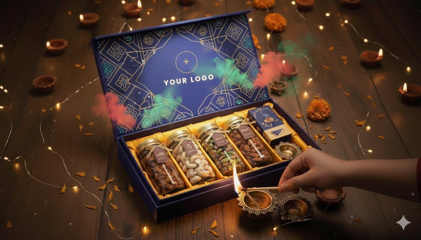Personalised Diwali dry fruit gift box with your logo on the lid, four jars of nuts and diyas